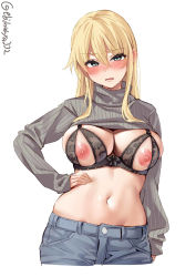 Rule 34 | 1girl, aqua eyes, bismarck (kancolle), blonde hair, blush, bra, breasts, cleavage, clothes lift, cowboy shot, denim, ebifurya, embarrassed, hair between eyes, hand on own hip, highres, jeans, kantai collection, large breasts, long hair, long sleeves, looking at viewer, midriff, navel, nipples, one-hour drawing challenge, open mouth, pants, ribbed sweater, stomach, sweat, sweater, sweater lift, turtleneck, turtleneck sweater, twitter username, underwear, wavy mouth, white background