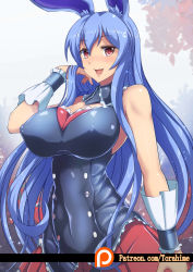 Rule 34 | 1girl, absurdres, animal ears, bare shoulders, blue hair, breasts, buttons, cleavage, covered erect nipples, covered navel, detached collar, hand in own hair, highres, kurousagi (mondaiji), large breasts, light particles, long hair, looking at viewer, mondaiji-tachi ga isekai kara kuru sou desu yo?, open mouth, pantyhose, pink lips, pleated skirt, rabbit ears, red eyes, red skirt, shiny clothes, shiny skin, simple background, skirt, smile, solo, standing, torahime (roland00), very long hair, watermark, web address, wrist cuffs