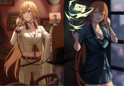 2girls, belt, blonde hair, blue suit, breasts, brown belt, brown jacket, brown pants, brown suit, collarbone, commentary, commentary request, eyebrows visible through hair, formal, girls frontline, green eyes, hair ornament, hair ribbon, highres, holding, holding clothes, holding jacket, holding letter, holding phone, holding wand, holster, jacket, jewelry, letter, long hair, looking at viewer, looking away, m1903 springfield (girls frontline), multiple girls, navel, necklace, orange hair, ots-14 (girls frontline), pants, phone, ponytail, ribbon, silayloe, simple background, standing, star (symbol), star necklace, suit, wand, witch, yellow eyes