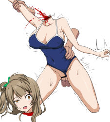 Rule 34 | 1boy, 1girl, blood, blue one-piece swimsuit, bouncing breasts, breasts, brown hair, clothing aside, corpse, covered erect nipples, death, decapitation, empty eyes, guro, hetero, large breasts, long hair, love live!, love live! school idol project, minami kotori, one-piece swimsuit, orange eyes, pussy, ryonasuki, sex, simple background, swimsuit, swimsuit aside, vaginal, white background