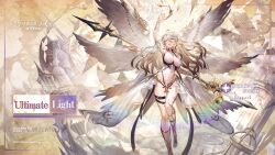 Rule 34 | 2girls, ahoge, angel, arm up, armlet, artist request, belt, black belt, blonde hair, blue eyes, book of yog, breasts, character name, copyright notice, endelyon (book of yog), feathered wings, flower, gem, hair between eyes, hair flower, hair ornament, highres, holding, holding polearm, holding weapon, instrument, large breasts, leotard, logo, long hair, multiple girls, multiple wings, navel, official art, open mouth, polearm, red gemstone, rose, second-party source, skirt, teeth, thigh belt, thigh strap, upper teeth only, violin, weapon, white flower, white leotard, white rose, white skirt, white wings, wings