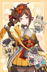 Rule 34 | 1boy, 4girls, absurdres, animal ears, blonde hair, blue eyes, brown eyes, brown gloves, brown hair, cat ears, cat tail, chiori (genshin impact), drill hair, genshin impact, gloves, green eyes, grey kimono, hair ornament, hat, highres, itsumiruka, japanese clothes, kimono, kirara (genshin impact), long hair, looking at viewer, lynette (genshin impact), lyney (genshin impact), multicolored hair, multiple girls, navia (genshin impact), pantyhose, purple eyes, red eyes, skirt, tail, top hat, yellow skirt
