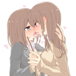 Rule 34 | 2girls, blazer, blue eyes, breasts, brown cardigan, brown hair, brown sweater, cardigan, collared shirt, commentary request, eye contact, food, french kiss, grey jacket, hair between eyes, heavy breathing, holding, holding food, jacket, kiss, long hair, long sleeves, looking at another, medium breasts, multiple girls, open clothes, open jacket, original, pocky, pocky day, profile, red eyes, saliva, shirt, sweater, tongue, tongue out, upper body, watarui, white background, white shirt, yuri