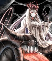 Rule 34 | 10s, 1girl, abyssal ship, blunt bangs, center frills, colored skin, dress, drill hair, drill sidelocks, eyelashes, flower, frills, glowing, glowing eyes, hand up, headgear, highres, horns, kantai collection, long hair, looking at viewer, lycoris princess, nicky w, night, red eyes, rose, sidelocks, solo, teeth, tongue, tongue out, very long hair, white dress, white hair, white skin