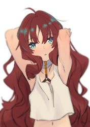 Rule 34 | 1girl, ahoge, aqua eyes, arknights, armpits, arms behind head, arms up, bare shoulders, blurry, crop top, crop top overhang, highres, long hair, looking at viewer, midriff, myrtle (arknights), navel, parted lips, red hair, saitou kengo, shirt, simple background, sleeveless, sleeveless shirt, solo, upper body, very long hair, white background, white shirt