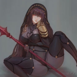 Rule 34 | 1girl, arm support, armor, artist name, ass, breasts, covered navel, fate/grand order, fate (series), half-closed eyes, large breasts, lips, long hair, looking to the side, lsls, navel, pinky out, polearm, purple hair, red eyes, scathach (fate), scathach (fate), see-through, shoulder armor, skin tight, solo, pauldrons, spear, spread legs, veil, weapon
