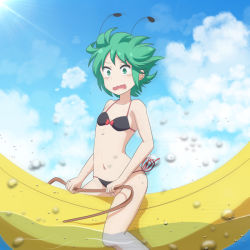 Rule 34 | 1girl, antennae, banana boat, bare arms, bare legs, bare shoulders, bikini, black bikini, blue sky, bow, cato (monocatienus), cloud, commentary, day, feet out of frame, flat chest, green eyes, green hair, light rays, navel, open mouth, outdoors, red bow, short hair, side-tie bikini bottom, sky, solo, stomach, straddling, swimsuit, tears, thighs, touhou, water, wavy mouth, wriggle nightbug