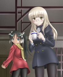 Rule 34 | 2girls, black pantyhose, blush, cup, earmuffs, francesca lucchini, jacket, looking back, military, military uniform, multiple girls, mushoku no hourousha, panties, panties under pantyhose, pantyhose, perrine h. clostermann, sleeves past wrists, smile, strike witches, teacup, underwear, uniform, world witches series