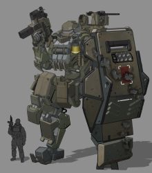 Rule 34 | ak ban22, damaged, faceless, faceless male, grey background, gun, highres, holding, holding gun, holding shield, holding weapon, looking to the side, mecha, military, original, robot, shield, size difference, solo focus, weapon