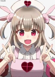Rule 34 | &gt; &lt;, 1girl, :d, apron, blush, center frills, collared shirt, commentary request, double v, fang, fingernails, frills, grey background, hair between eyes, hair ornament, hat, heart, highres, light brown hair, long hair, natori sana, nayuhi (yukimuu14), nurse cap, open mouth, pink apron, puffy short sleeves, puffy sleeves, rabbit hair ornament, red eyes, sana channel, shirt, short sleeves, simple background, smile, solo, two side up, v, very long hair, virtual youtuber, white hat, white shirt