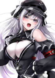 Rule 34 | 1girl, absurdres, armband, azur lane, black corset, black dress, black hat, black ribbon, blush, breasts, clothing cutout, collared dress, corset, cross, dress, elbe (azur lane), eyebrows hidden by hair, fang, frilled dress, frills, hair between eyes, hair ribbon, hand on own chest, hand on own hip, hat, highres, iron cross, large breasts, layered dress, leotard, looking at viewer, multicolored hair, open mouth, peaked cap, purple eyes, red armband, ribbon, shimofuji jun, shoulder cutout, skin fang, smile, solo, streaked hair, twintails, underboob cutout, upper body, white hair, white leotard