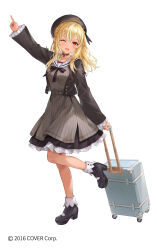 Rule 34 | 1girl, ;d, arm up, beret, black footwear, black hat, black jacket, blonde hair, bobby socks, braid, breasts, copyright notice, dress, frilled sleeves, frills, full body, grey dress, hair between eyes, hat, higeneko, holding, hololive, jacket, long hair, looking at viewer, medium breasts, multicolored hair, official art, one eye closed, open clothes, open jacket, open mouth, pointing, pointy ears, red eyes, rolling suitcase, sailor collar, sailor dress, shiranui flare, shiranui flare (street), shoes, simple background, smile, socks, solo, standing, standing on one leg, streaked hair, suitcase, virtual youtuber, white background, white sailor collar, white socks