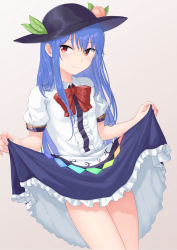 Rule 34 | 1girl, black hat, blue eyes, blue skirt, bow, bowtie, center frills, closed mouth, clothes lift, commentary request, cowboy shot, fingernails, food, frilled shirt, frilled skirt, frills, fruit, grey background, hat, highres, hinanawi tenshi, leaf, lifting own clothes, long hair, looking at viewer, md5 mismatch, momoiro lettuce, peach, red bow, red bowtie, red eyes, resolution mismatch, shirt, short sleeves, simple background, skirt, skirt lift, smile, solo, source larger, straight hair, thighs, touhou, white shirt