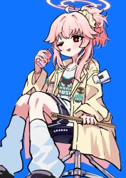 Rule 34 | 1girl, absurdres, ahoge, black skirt, blue archive, blue background, blush, chair, drink, drinking straw, drumsticks, feet out of frame, halo, highres, holding, holding drink, holding drumsticks, jacket, kingin, long hair, long sleeves, looking at viewer, natsu (band) (blue archive), natsu (blue archive), official alternate costume, one eye closed, open clothes, open jacket, open mouth, pink hair, pink halo, pleated skirt, red eyes, shirt, simple background, skirt, socks, solo, white shirt, white socks, yellow jacket