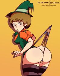 Rule 34 | 1girl, absurdres, ass, breasts, brown eyes, brown hair, butt crack, cameltoe, hat, highres, panties, persona, persona 4, satonaka chie, solo, striped clothes, striped panties, tagme, thighhighs, underwear, wedgie, witch hat