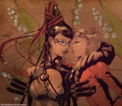 Rule 34 | 2girls, bad id, bad pixiv id, bayonetta, bayonetta (series), bayonetta 1, beehive hairdo, black hair, blue eyes, bodysuit, breasts, candy, cleavage, cleavage cutout, clothing cutout, earrings, eye contact, eyelashes, eyewear on head, feather boa, flauschtraut, flower, food, glasses, hair ribbon, half-closed eyes, jeanne (bayonetta), jewelry, large breasts, lily (flower), lily of the valley, lips, lipstick, lollipop, long hair, looking at another, makeup, mouth hold, multiple girls, ribbon, short hair, updo, very long hair, watermark, web address, white hair, witch, yuri