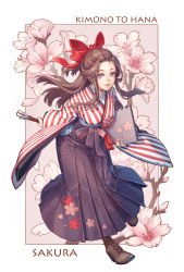 Rule 34 | 1girl, absurdres, boots, cherry blossoms, cross-laced footwear, hakama, hakama skirt, highres, japanese clothes, kimono, lace-up boots, maple, maple (maplehy), original, school uniform, skirt, solo, striped clothes, striped kimono, uniform