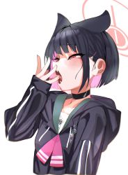 Rule 34 | 1girl, absurdres, animal ears, barbed tongue, black choker, black hair, black jacket, blue archive, blush, choker, commentary request, erory6 (ro), fangs, hair ornament, hairclip, half-closed eyes, halo, hand to own mouth, highres, hood, hood down, hooded jacket, jacket, kazusa (blue archive), long sleeves, multicolored hair, open mouth, pink hair, red eyes, short hair, simple background, sleeves past wrists, solo, tears, tongue, upper body, white background, yawning