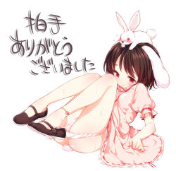 Rule 34 | 1girl, animal ears, anklet, ass, brown hair, buriki, dress, feet, female focus, full body, inaba tewi, jewelry, mary janes, no socks, panties, panty pull, rabbit, rabbit ears, rabbit girl, rabbit tail, red eyes, shoe dangle, shoes, simple background, sitting, sitting on head, sitting on person, solo, tail, touhou, translated, underwear, webclap, white background