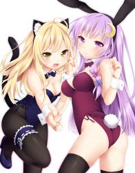 Rule 34 | 2girls, :d, animal ears, bad id, bad pixiv id, bare shoulders, black legwear, blonde hair, blush, breasts, cat ears, cat tail, cleavage, crescent, crescent hair ornament, detached collar, etou (cherry7), fake animal ears, fang, female focus, hair ornament, highres, kirisame marisa, kittysuit, bridal garter, leotard, long hair, multiple girls, nontraditional playboy bunny, open mouth, pantyhose, patchouli knowledge, playboy bunny, purple eyes, purple hair, rabbit ears, ribbon, smile, tail, thighhighs, touhou, v, wrist cuffs, yellow eyes