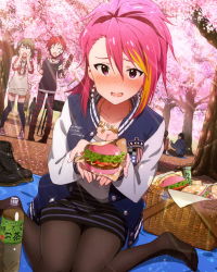 Rule 34 | 10s, 3girls, burger, casual, cherry blossoms, feet, food, hanami, hands on own cheeks, hands on own face, idolmaster, idolmaster million live!, jacket, jewelry, julia (idolmaster), kebab, letterman jacket, maihama ayumu, multicolored hair, multiple girls, nagayoshi subaru, necklace, official art, open mouth, pants, pantyhose, picnic, picnic basket, plaid, plaid pants, shoes, unworn shoes, streaked hair, thighhighs, wavy mouth