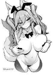 Rule 34 | 1girl, animal ear fluff, animal ears, breasts, detached collar, fate/extra, fate (series), fox ears, fox girl, fox tail, greyscale, hair between eyes, highres, large breasts, leotard, long hair, looking at viewer, meme attire, monochrome, playboy bunny, reverse bunnysuit, reverse outfit, sidelocks, tail, tamamo (fate), tamamo no mae (fate/extra), twintails, wisespeak