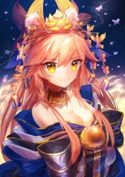 Rule 34 | absurdres, animal ear fluff, animal ears, bell, breasts, cleavage, collarbone, crown, detached sleeves, fate/grand order, fate (series), fox ears, fox tail, highres, japanese clothes, jingle bell, large breasts, light smile, long hair, looking at viewer, night, night sky, official alternate costume, outdoors, pink hair, sky, tail, tamamo (fate), tamamo no mae (fate/extra), tamamo no mae (third ascension) (fate), very long hair, yellow eyes