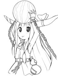 Rule 34 | 1girl, :p, armpits, arms up, chain, female focus, flat chest, food, fruit, gourd, greyscale, horns, ibuki suika, lineart, long hair, monochrome, sketch, sky-freedom, solo, tongue, tongue out, touhou, watermelon