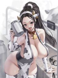 Rule 34 | 1girl, animal ears, animal print, areola slip, bell, bikini, breasts, brown eyes, brown hair, cleavage, collar, cow ears, cow horns, cow print, cow tail, cowbell, extra ears, fingerless gloves, forehead, gloves, horns, large breasts, leaning forward, letdie1414, lips, long hair, milking machine, neck bell, nipples, open mouth, ponytail, shiranui mai, side-tie bikini bottom, solo, swimsuit, tail, the king of fighters, thighhighs, tongue, tongue out, white thighhighs