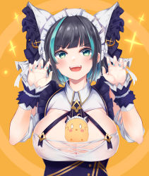 Rule 34 | 1girl, ahoge, aqua hair, aqua nails, azur lane, bird, black hair, blue dress, blush, blush stickers, breasts, cheshire (azur lane), chick, claw pose, cleavage cutout, clothing cutout, collared dress, commentary, dress, earrings, frills, green eyes, hands up, irohara, jewelry, large breasts, looking at viewer, maid headdress, manjuu (azur lane), multicolored hair, nail polish, open mouth, orange background, short hair, smile, tongue, two-tone hair, upper body, v-shaped eyebrows, wrist cuffs