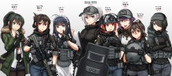 Rule 34 | 6+girls, :d, ;d, absurdres, ahoge, aleksandra morozova, apron, assault rifle, ballistic shield, baseball cap, black dress, black gloves, black hair, black necktie, black pantyhose, black shirt, black shorts, blue eyes, blue pants, breasts, brown eyes, brown gloves, brown hair, bullpup, candy, character name, closed mouth, collared dress, collared shirt, commentary request, crossed arms, dress, emily ko, flash shield, fn f2000, folded ponytail, food, food in mouth, frilled apron, frills, glock, gloves, goggles, goggles on head, gradient background, green jacket, grey background, grey gloves, grey headwear, gun, hair between eyes, hair over one eye, han yue ling, hand on another&#039;s head, handgun, hat, headphones, headset, height, helmet, highres, holding, holding gun, holding helmet, holding weapon, index finger raised, jacket, juliet lin, lisa yip, liu si jing, lollipop, long hair, looking at viewer, lr-300, maid, maid headdress, medium breasts, modular weapon system, multiple girls, ndtwofives, necktie, one eye closed, open clothes, open jacket, open mouth, original, pants, pantyhose, pantyhose under shorts, parted lips, partially fingerless gloves, ponytail, puffy short sleeves, puffy sleeves, purple eyes, red eyes, revision, rifle, shield, shirt, short shorts, short sleeves, shorts, smile, suzuya tang, vivian zhao, weapon, white apron, white background, white shirt