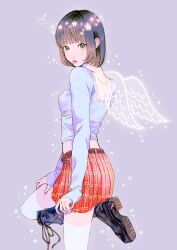 Rule 34 | 1girl, angel wings, belt, black belt, black footwear, blue eyes, blunt bangs, boots, brown hair, commentary, fingernails, highres, jewelry, looking at viewer, looking back, mole, mole under eye, nail polish, necklace, original, parted lips, pink nails, purple background, red skirt, shirt, short hair, sidelocks, simple background, skirt, solo, standing, standing on one leg, striped clothes, striped skirt, symbol-only commentary, white shirt, wings, yoshino ganko