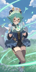 Rule 34 | 1girl, animal ears, black collar, black shorts, boots, botan m, cape, collar, commentary request, cowboy shot, feet out of frame, flask, fur collar, garter straps, genshin impact, gloves, green hair, hair between eyes, hat, highres, holding, holding flask, knee boots, open mouth, semi-rimless eyewear, short hair, shorts, sleeves past elbows, solo, sucrose (genshin impact), thighhighs, vision (genshin impact), white cape, white footwear, white gloves, white hat, yellow eyes, zettai ryouiki