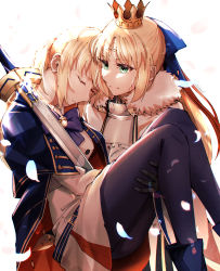 Rule 34 | 2girls, ahoge, armor, armored dress, artoria caster (fate), artoria caster (second ascension) (fate), artoria caster (third ascension) (fate), artoria pendragon (fate), belt, black gloves, black pantyhose, blonde hair, blue belt, blue bow, blue cloak, blue footwear, blush, boots, bow, buttons, cloak, closed eyes, closed mouth, collar, crown, dress, elbow gloves, excalibur (fate/stay night), fate/grand order, fate (series), fur trim, gloves, gold trim, green eyes, hair bow, highres, holding, long hair, long sleeves, multicolored ribbon, multiple girls, no headwear, pantyhose, purple bow, ribbon, shirt, skirt, sleeping, smile, sword, unworn headwear, weapon, white background, white dress, white fur, white shirt, white skirt, yamano udumi