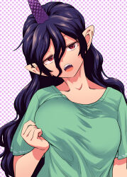 1girl absurdres black_hair breast_lift breasts commentary_request fuuzasa green_shirt hair_between_eyes head_tilt highres large_breasts long_bangs long_hair looking_at_viewer open_mouth pointy_ears polka_dot polka_dot_background red_eyes shirt solo t-shirt tenkajin_chiyari touhou upper_body wavy_hair