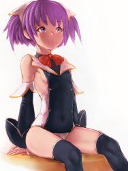 Rule 34 | 1girl, backlighting, bare shoulders, black thighhighs, bow, bowtie, breasts, covered erect nipples, fumio (rsqkr), myu (quiz magic academy), purple eyes, purple hair, quiz magic academy, red bow, red bowtie, short hair, sideboob, sitting, small breasts, solo, thighhighs, two side up