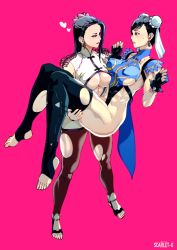 Rule 34 | 2girls, absurdres, alternate costume, black hair, breasts, capcom, chun-li, highres, large breasts, long hair, luong, multiple girls, official alternate costume, snk, street fighter, the king of fighters