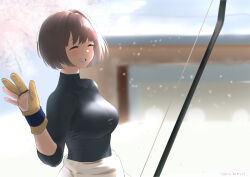Rule 34 | 1girl, blurry, blurry background, blush, bow (weapon), breasts, brown hair, closed eyes, commission, facing viewer, gloves, grin, highres, hyuuga (kancolle), kantai collection, large breasts, outdoors, partially fingerless gloves, partly fingerless gloves, petals, short hair, skeb commission, smile, solo, tama (tamago), undershirt, upper body, weapon, yellow gloves, yugake