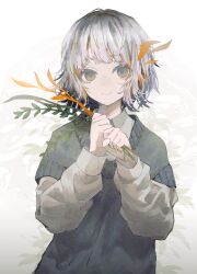 Rule 34 | 1girl, absurdres, closed mouth, grey eyes, grey hair, grey sweater, hidariri, highres, holding, layered sleeves, leaf, long sleeves, looking at viewer, original, own hands together, shirt, short-sleeved sweater, short hair, short over long sleeves, short sleeves, smile, solo, standing, sweater, upper body, white background, white shirt