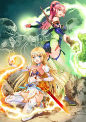 Rule 34 | 2girls, arm up, armpits, ass, blonde hair, blue dress, blue footwear, blue sleeves, circlet, commentary request, detached sleeves, dress, elf, fire, gen (genetrix), green eyes, green legwear, high heels, highres, kneeling, kneepits, long hair, magic, monster, multiple girls, on one knee, open mouth, original, outstretched arms, pink eyes, pink hair, pointy ears, ponytail, shoes, short dress, staff, sword, tentacles, thighhighs, thighs, weapon, white dress, white footwear, white legwear, white sleeves, zettai ryouiki