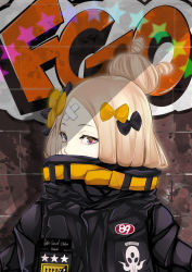 Rule 34 | 1girl, abigail williams (fate), abigail williams (traveling outfit) (fate), black bow, black jacket, blonde hair, blue eyes, bow, brick wall, commentary request, copyright name, covered mouth, crossed bandaids, fate/grand order, fate (series), graffiti, hair bow, hair bun, heroic spirit traveling outfit, highres, idoke kaeru, jacket, looking at viewer, multiple hair bows, official alternate costume, orange bow, parted bangs, polka dot, polka dot bow, single hair bun, solo, star (symbol), upper body