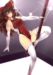 Rule 34 | 1girl, arm support, bow, breasts, brown hair, commentary request, competition swimsuit, elbow gloves, foot out of frame, frilled bow, frilled hair tubes, frills, gloves, groin, hair bow, hair tubes, hakurei reimu, highleg, highleg swimsuit, large breasts, leaning back, leg up, light, light rays, long hair, looking at viewer, one-piece swimsuit, open mouth, pole, pole dancing, red bow, red one-piece swimsuit, ribbon-trimmed gloves, ribbon-trimmed legwear, ribbon trim, shoes, solo, stripper, stripper pole, swimsuit, thick thighs, thighhighs, thighs, tobisawa, toned, touhou, tsurime, v-shaped eyebrows, white gloves, yellow eyes