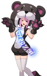 Rule 34 | animal costume, bear costume, blue eyes, costume, digimon, digimon new century, komori mami, official art, one eye closed, open mouth, pink hair, wink