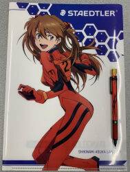 Rule 34 | 1girl, ass, bodysuit, breasts, brown hair, character name, dated, evangelion: 2.0 you can (not) advance, floating hair, interface headset, jumping, long hair, looking at viewer, looking back, neon genesis evangelion, non-web source, official art, photo (medium), plugsuit, rebuild of evangelion, red bodysuit, shiny clothes, simple background, smile, solo, souryuu asuka langley, staedtler, two-tone background, two side up, white background, wide hips