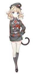 Rule 34 | 10s, 1girl, animal ears, blade &amp; soul, blonde hair, blue eyes, boots, cat ears, cat tail, cross-laced footwear, full body, gloves, hat, highres, lace-up boots, looking at viewer, lyn (blade &amp; soul), military, military uniform, peaked cap, pencil skirt, short hair, simple background, skirt, solo, tail, tama (tamatamo), thighhighs, uniform, white background, white thighhighs