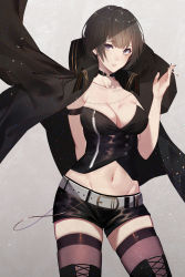 Rule 34 | 1girl, arm behind back, arm strap, bad id, bad pixiv id, belt, belt buckle, between fingers, black choker, black jacket, black nails, black shorts, boots, breasts, brown hair, brown thighhighs, buckle, choker, cigarette, cleavage, collarbone, commentary request, contrapposto, earrings, fingernails, grey background, groin, highres, holding, holding cigarette, jacket, jacket on shoulders, jewelry, kisui (28992125), looking at viewer, medium breasts, nail polish, navel, o-ring, o-ring choker, open clothes, open jacket, original, parted lips, pink lips, purple eyes, short hair, short shorts, shorts, skindentation, smoke, solo, thighhighs, thighhighs under boots