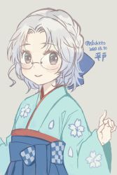 Rule 34 | 1girl, alternate costume, blue bow, blue hakama, blue kimono, bow, brown eyes, character name, commentary request, dated, floral print, glasses, grey background, grey hair, hair bow, hakama, hakama skirt, hirato (kancolle), japanese clothes, kantai collection, kasumi (skchkko), kimono, looking at viewer, meiji schoolgirl uniform, one-hour drawing challenge, short hair, simple background, skirt, solo, wavy hair