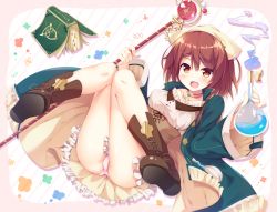 Rule 34 | 1girl, :d, ahoge, ass, atelier (series), atelier sophie, blush, bonnet, book, boots, bow, breasts, brown eyes, brown footwear, brown hair, coat, corset, cross-laced footwear, dress, female focus, flask, full body, highres, holding, holding flask, holding staff, jacket, knees together feet apart, kusunoki (escude), lace-up boots, open clothes, open jacket, open mouth, panties, pantyshot, pink panties, round-bottom flask, short hair, sitting, skirt, smile, solo, sophie neuenmuller, staff, underwear, upskirt, weapon