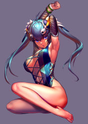 Rule 34 | 1girl, adapted costume, ahoge, armpits, arms behind head, arms up, as109, bare legs, barefoot, blue eyes, blue hair, breasts, capcom, center opening, character request, cleavage, clenched hand, commentary request, cross-laced clothes, detached sleeves, feet, full body, headgear, highres, large breasts, long hair, long legs, looking at viewer, matching hair/eyes, monster hunter (series), nakarkos (armor), one-piece swimsuit, parted lips, purple background, sideboob, simple background, sitting, solo, swimsuit, toes, twintails