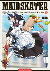 Rule 34 | 1girl, apron, bag, baguette, bell pepper, benihana (suzushiro333), black hair, bread, carrot, cover, cover page, food, frilled apron, frills, fruit, grocery bag, happy, holding, holding bag, holding skateboard, jumping, maid, maid apron, maid headdress, manga cover, mixed-language text, official art, original, paper bag, pear, pepper, salad, shoes, shopping bag, skateboard, skateboarding, sneakers, solo, suzushiro (suzushiro333), vegetable